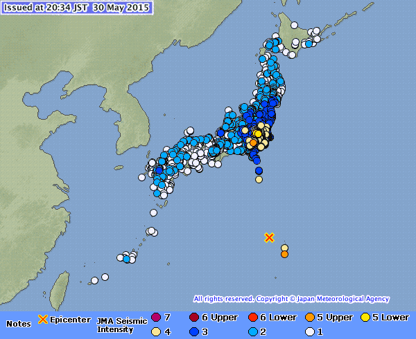 In ganz Japan spürbar: das Beben bei den Ogasawara-Inseln (Illustration des japanischen Wetteramtes, JMA)