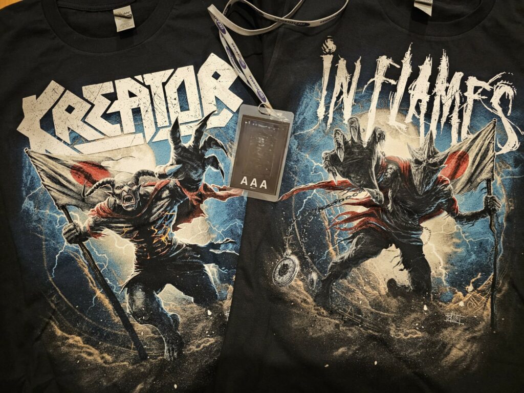 Tour shirts of Kreator and In Flames from their "Klash of the Titans" tour in Japan 2024 and my access pass © Sonja Blaschke