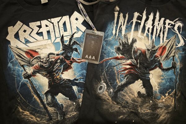 Tour shirts of Kreator and In Flames from their "Klash of the Titans" tour in Japan 2024 and my access pass © Sonja Blaschke